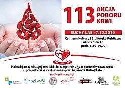 grafika promująca akcję poboru krwi w Suchym Lesie 7 grudnia 2019 i informacją, że każda osoba oddająca krew lub która zarejestruje się jako potencjalny dawca szpiku otrzyma upominek oraz kawę od Gajowa 12 Bistro&Cafe