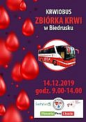 plakat: na fioletowym tlem duże krople krwi, obrazek krwiobusa i tekst informujace o zbiórce krwi w Biedrusku 14 grudnia 2019 r.