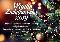 zaproszenie na wigilię w Zielątkowie 14 grudnia 2019 r. na zdjęciu z zielona choinką udekorowaną złotymi bombkami i światełkami