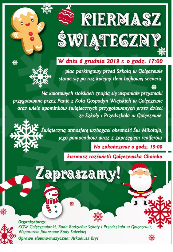 plakat z informacjami o kiermaszu w Golęczewie przed szkołą 6 grudnia o godz. 17:00