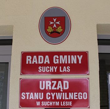 Zdjęcie szyldów Urzędu Gminy, Rady Gminy, Urzędu Stanu Cywilnego ze skrzynką podawczą