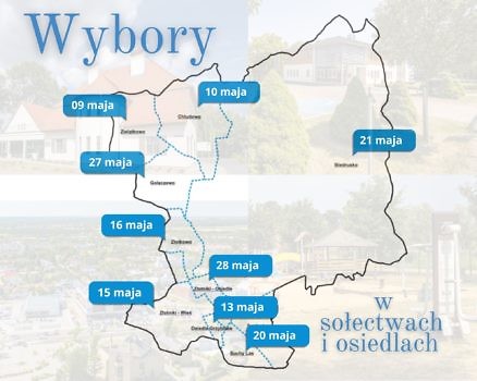 Mapa gminy z naniesionymi terminami zebrań wyborczych w sołectwach i osiedlach.