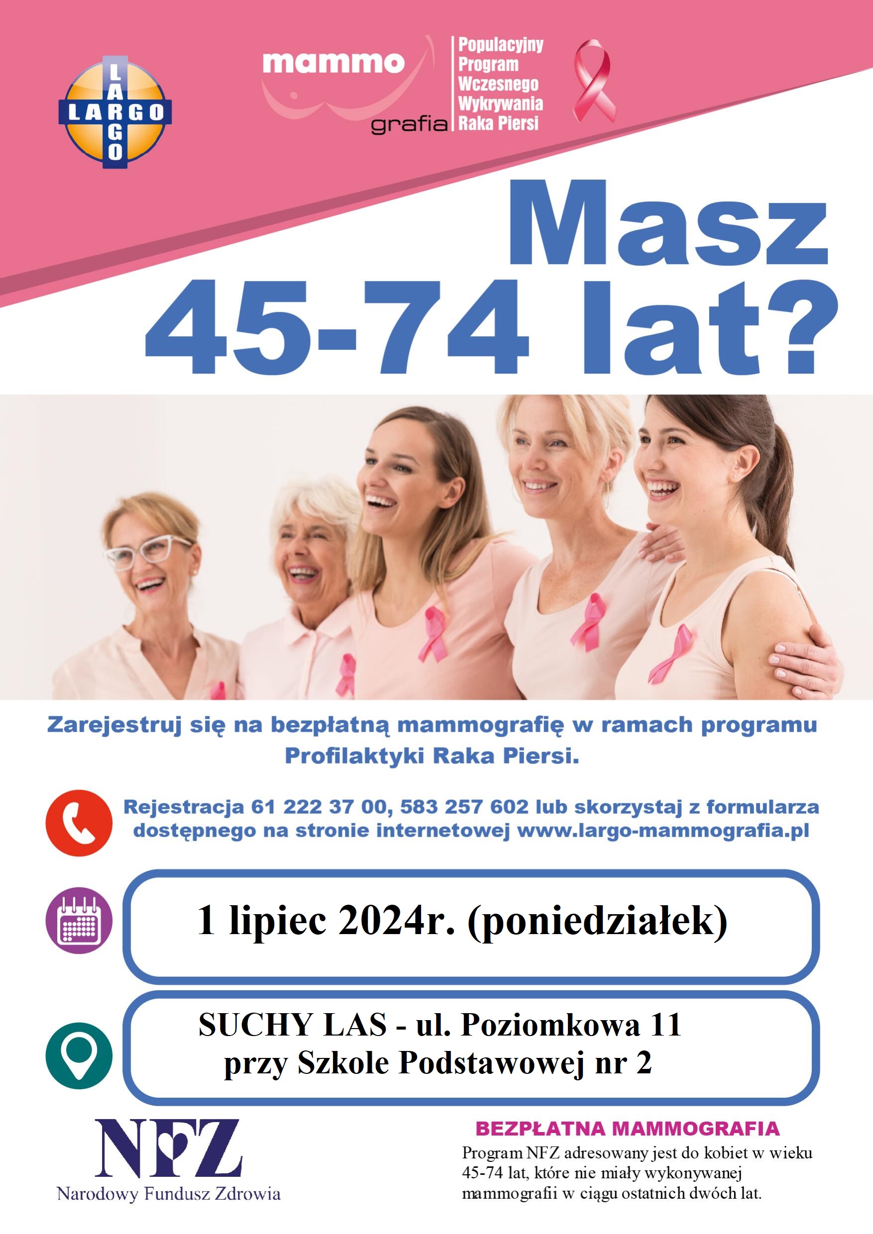 plakat LARGO jpg Suchy Las - Zaproszenie na badania mammograficzne 1 lipca