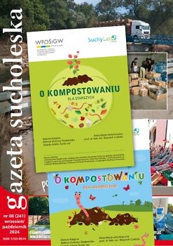 Okładki książeczki edukacyjnej "O kompostowaniu" na tle okładki "Gazety Sucholeskiej"